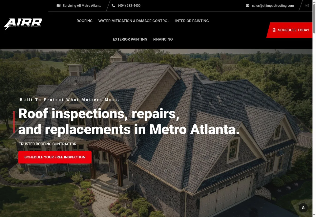 ATL Impact Roofing website showing service navigation, roofing message and an inspection call to action