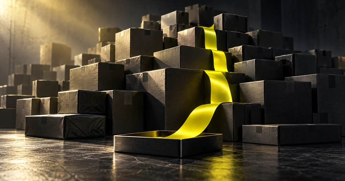 Dark shipping parcels form a rising stack while a yellow ribbon descends into a small tray.