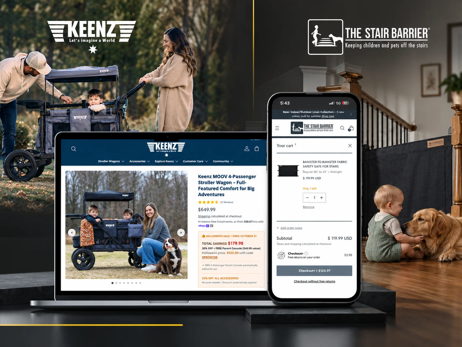Shopify eCommerce storefront and mobile shopping experience designed for Keenz and The Stair Barrier by Inovadzine.