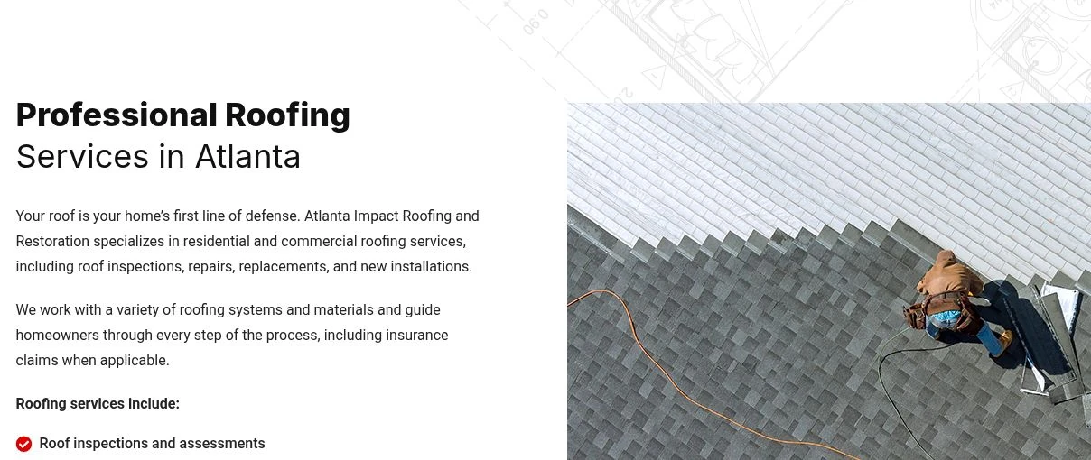 ATL Impact Roofing service page with a specific roofing heading, explanatory service copy and roofing imagery