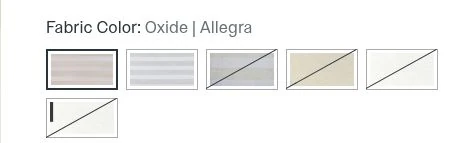 Actual Crafted Gates fabric selector with Oxide Allegra selected and fabric and hardware options