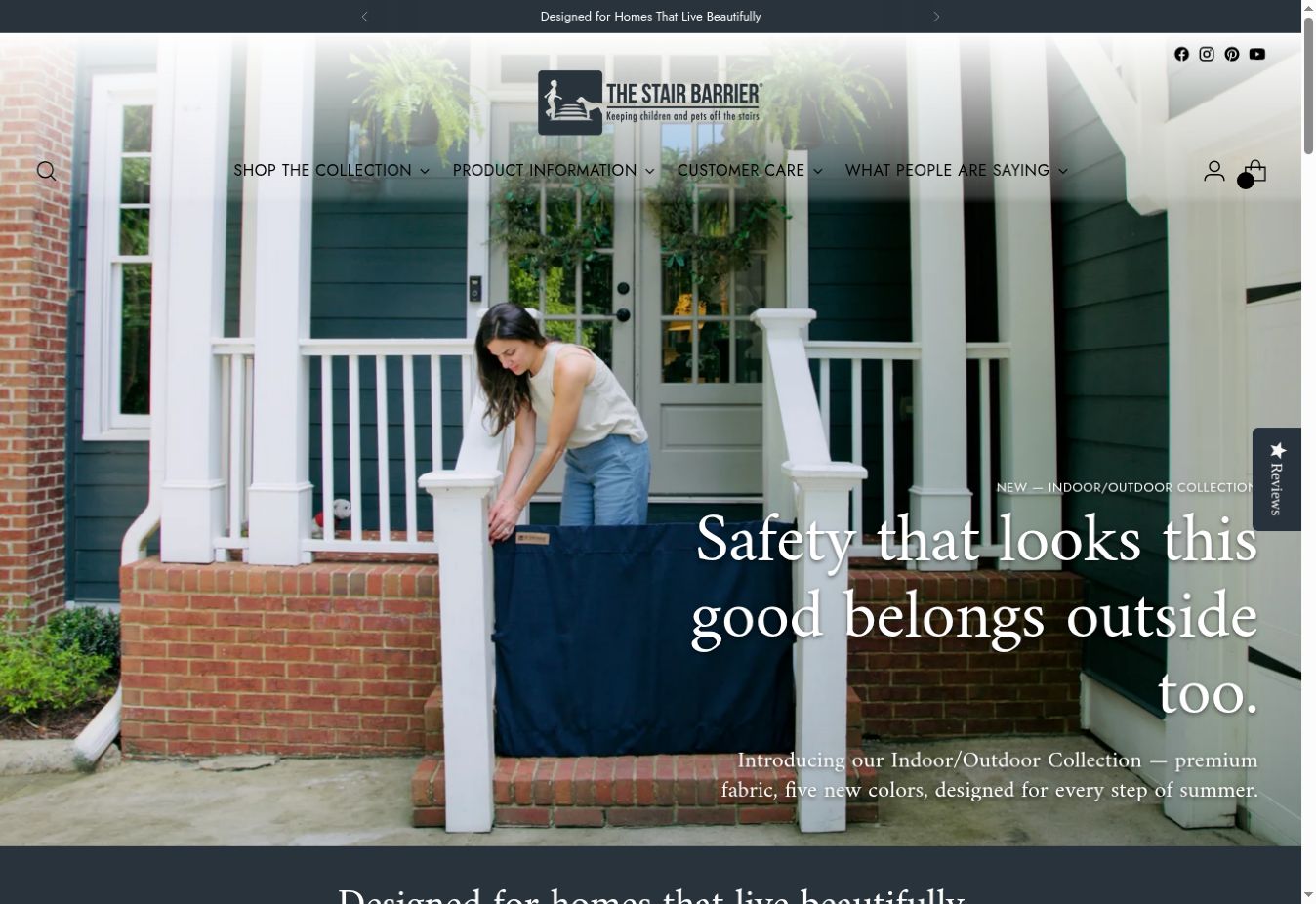 The Stair Barrier storefront presenting its fabric gate in a real porch setting with collection navigation